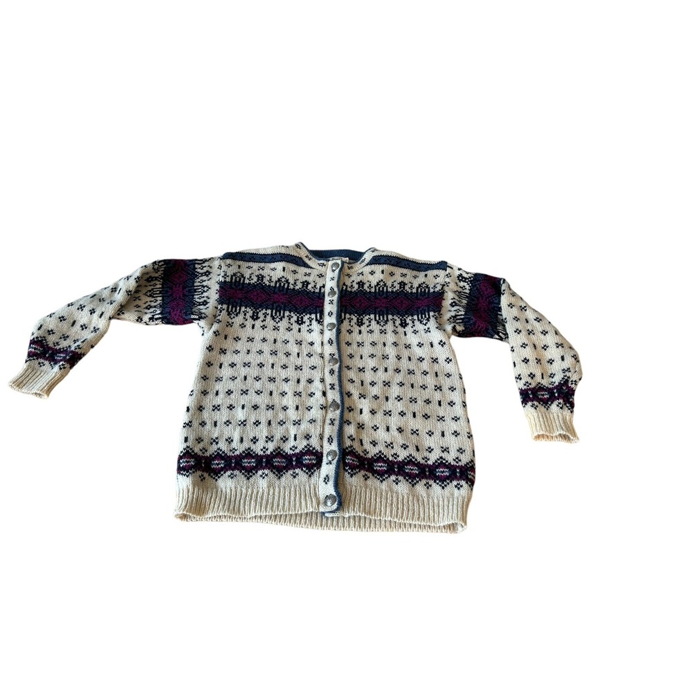 L.L. Bean Cream Pink USA Vtg Wool Blend Cardigan Sweater Ski Fair Isle Sz Large